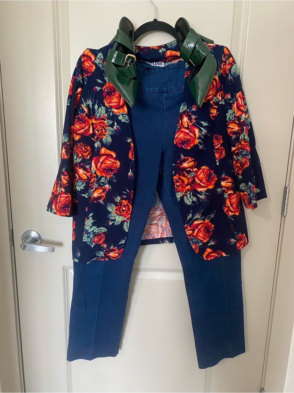 Navy Floral Blazer with Navy Pants and Green Heels